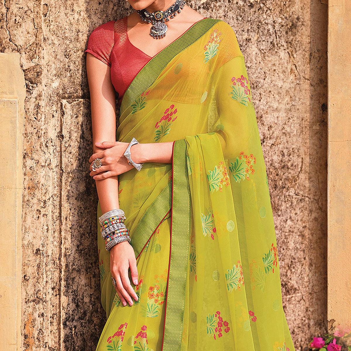 Green Festive Wear Printed Brasso Saree - Peachmode