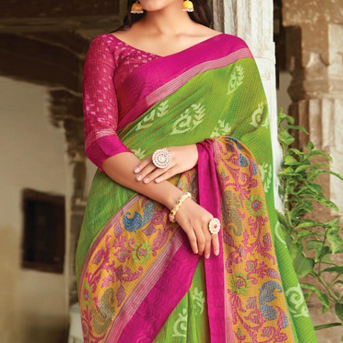 Green Festive Wear Printed Brasso Saree - Peachmode