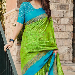 Green Festive Wear Printed Brasso Saree - Peachmode