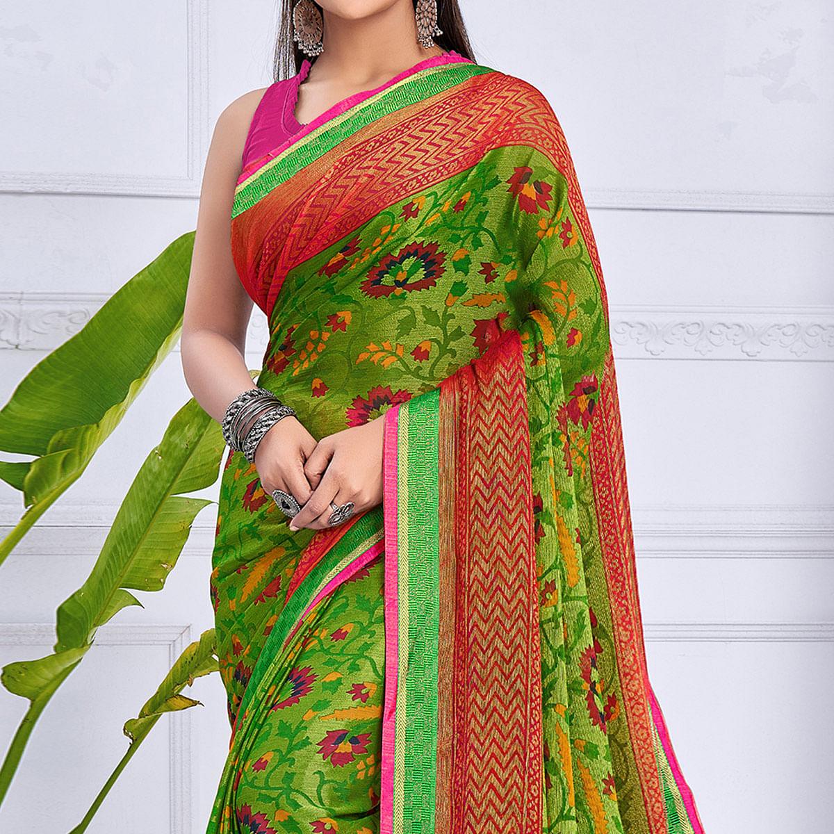 Green Festive Wear Printed Brasso Saree - Peachmode