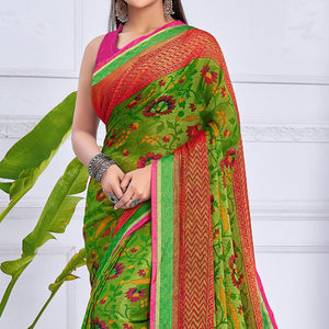Green Festive Wear Printed Brasso Saree - Peachmode