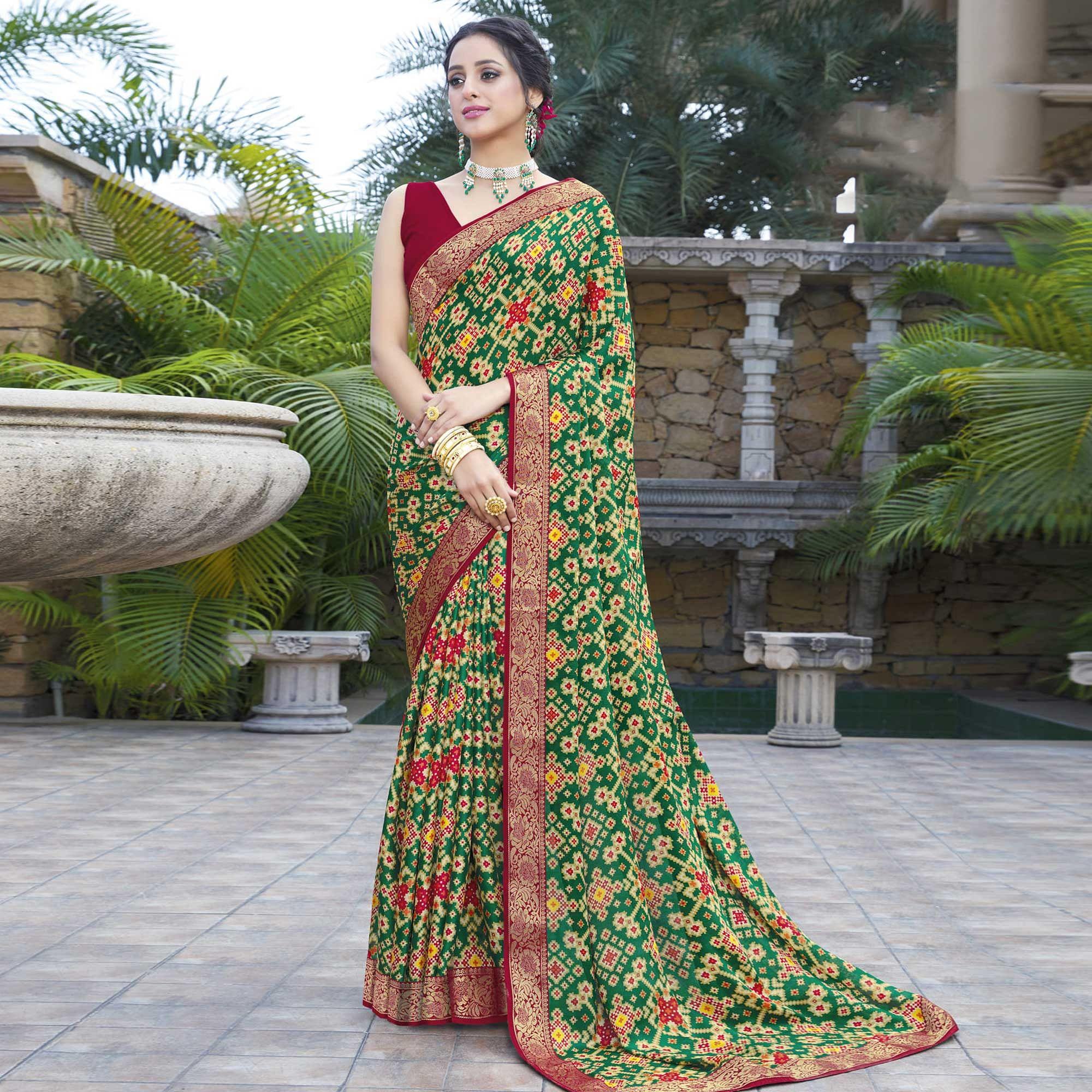 Green Festive Wear Printed Chiffon Saree - Peachmode