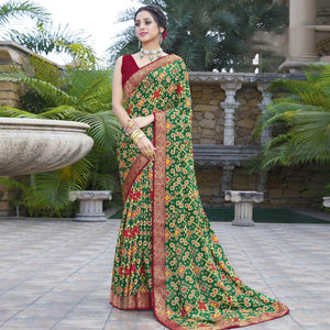 Green Festive Wear Printed Chiffon Saree - Peachmode