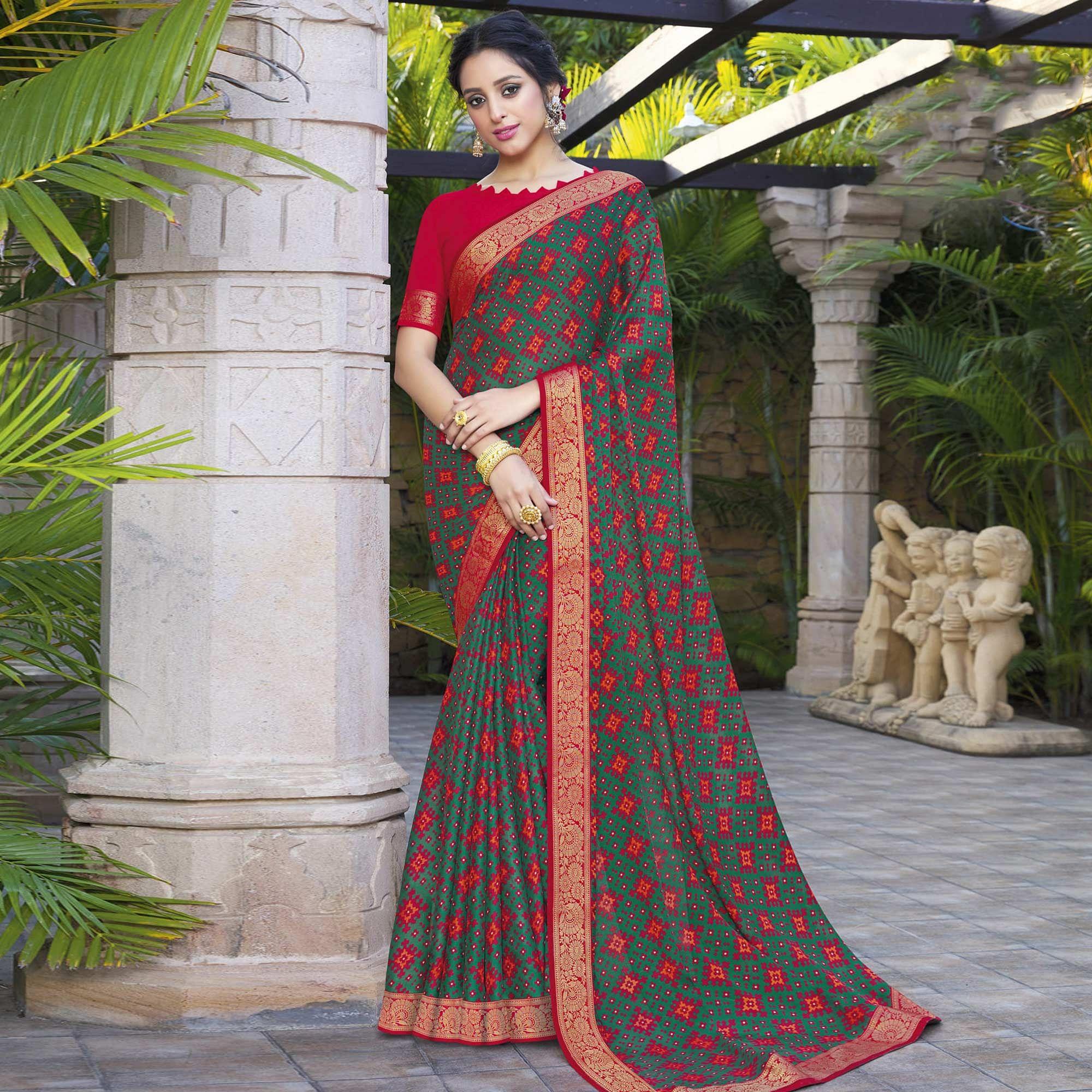 Green Festive Wear Printed Chiffon Saree - Peachmode