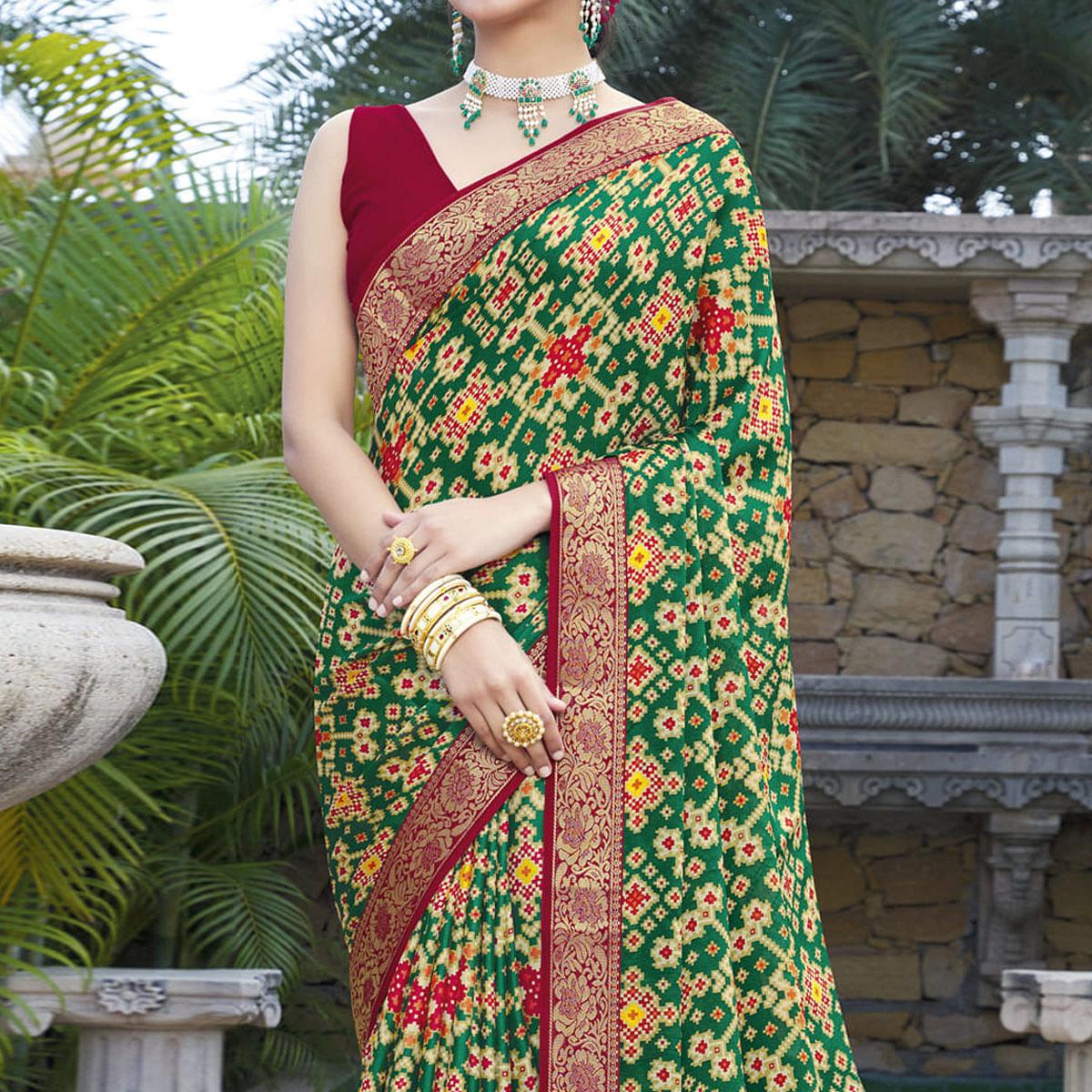 Green Festive Wear Printed Chiffon Saree - Peachmode