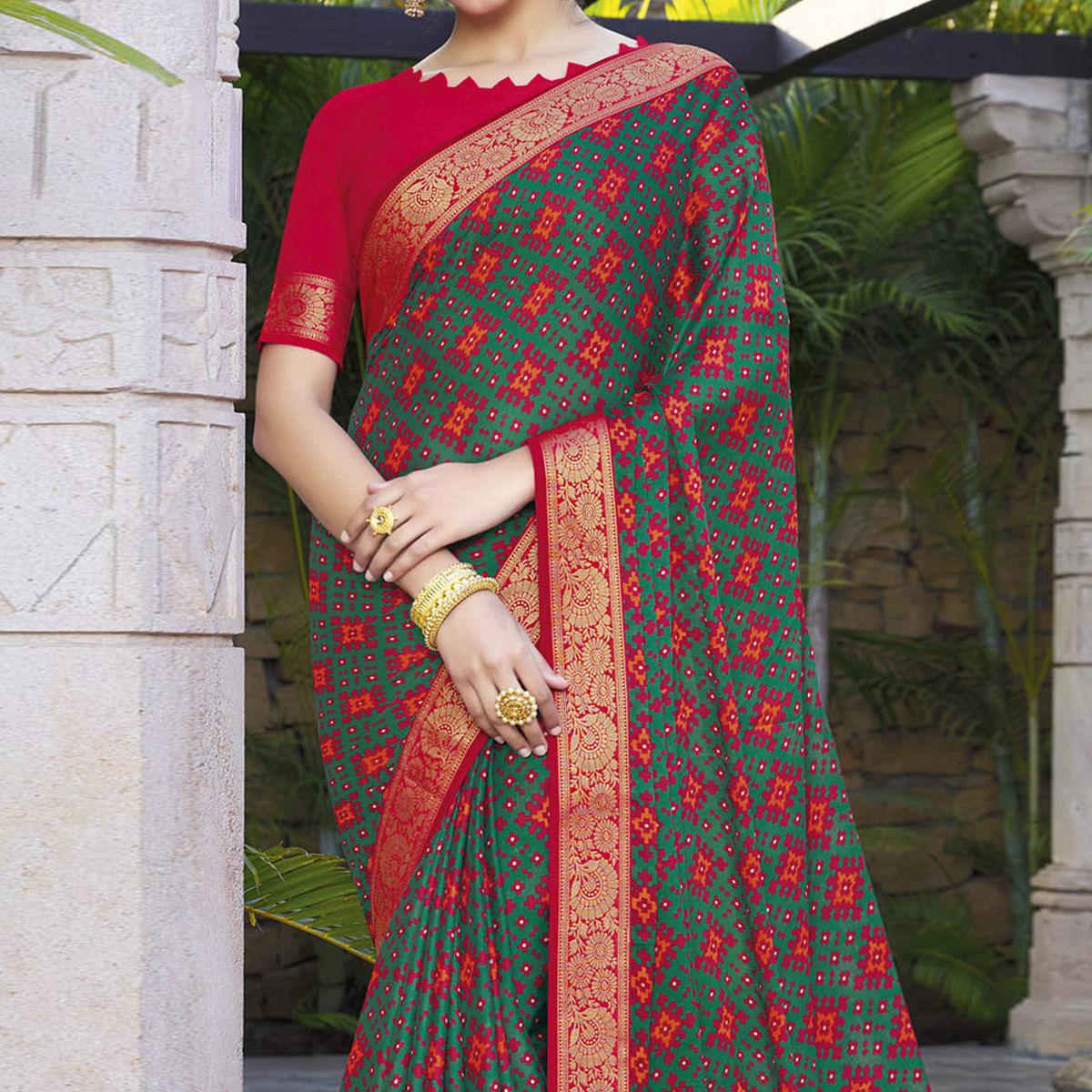 Green Festive Wear Printed Chiffon Saree - Peachmode