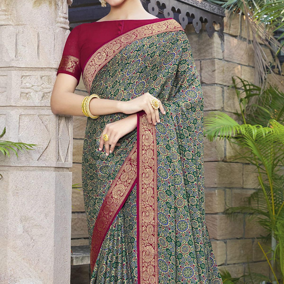 Green Festive Wear Printed Chiffon Saree - Peachmode