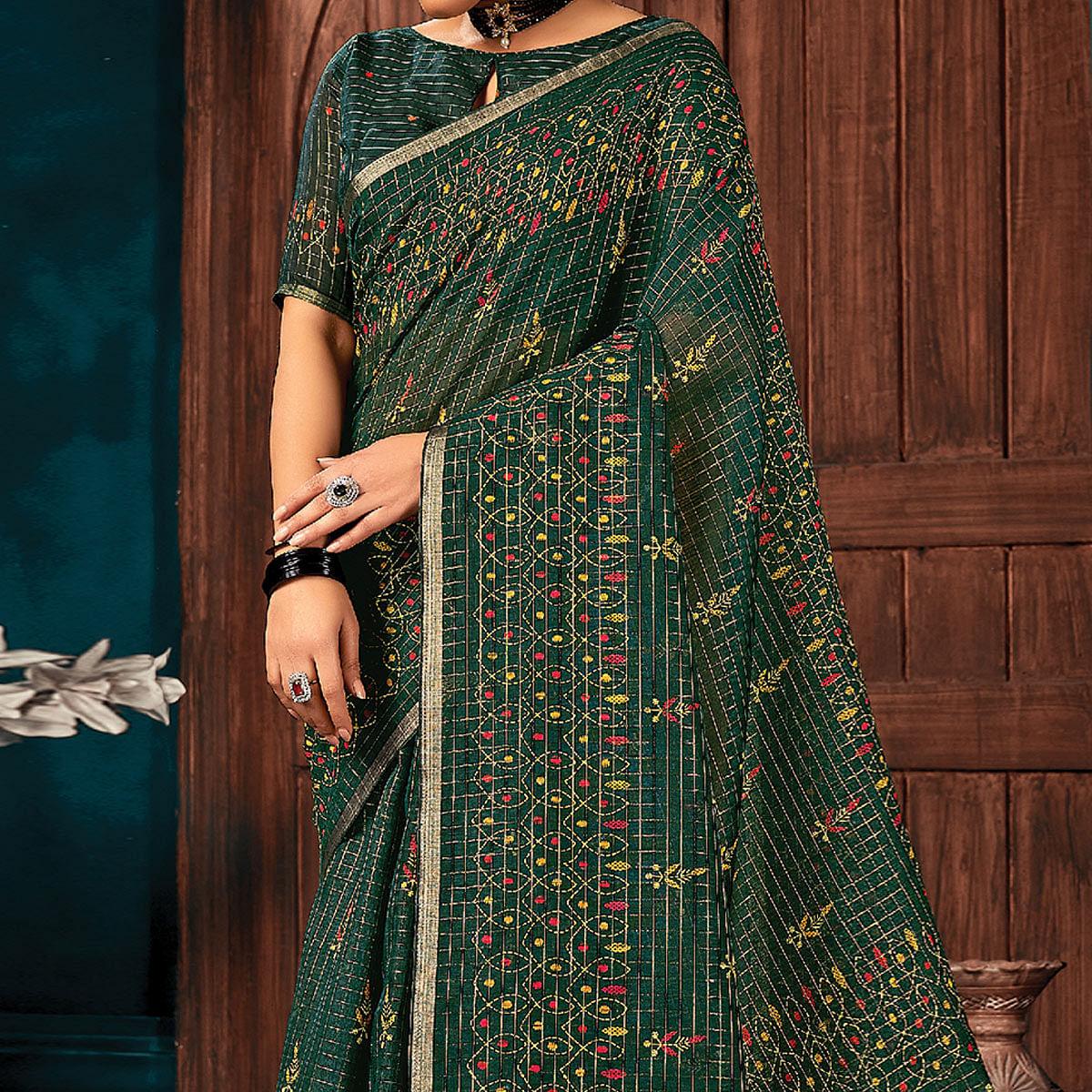 Green Festive Wear Printed Cotton Saree - Peachmode