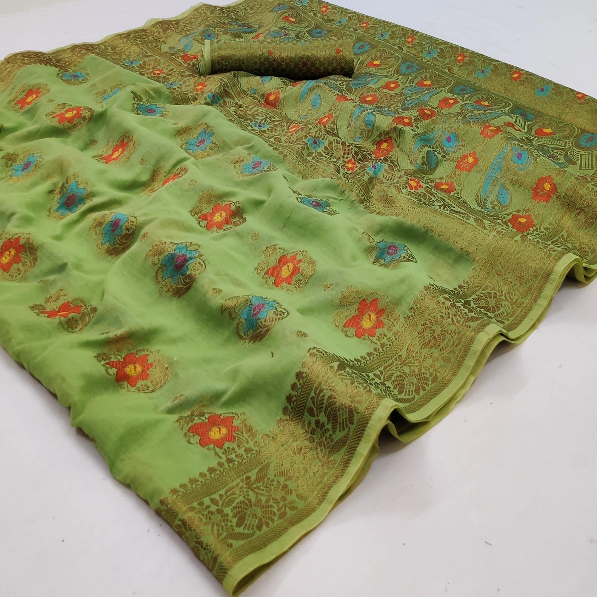Green Festive Wear Printed Cotton Saree - Peachmode