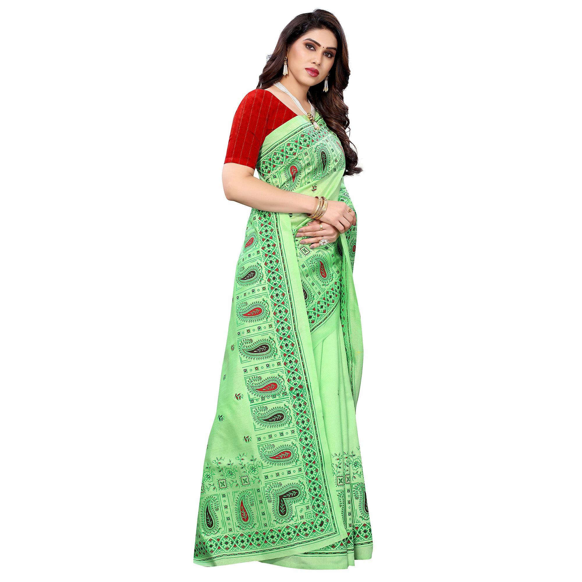 Green Festive Wear Printed Cotton Silk Saree - Peachmode