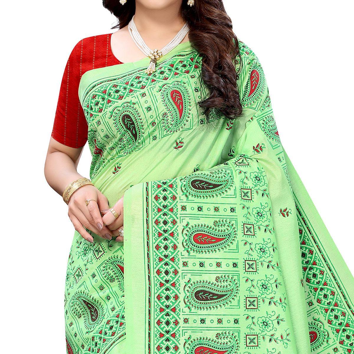 Green Festive Wear Printed Cotton Silk Saree - Peachmode