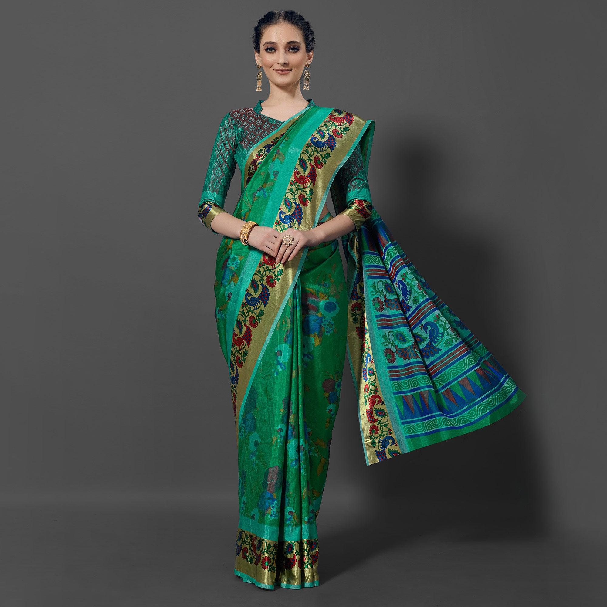 Green Festive Wear Printed Dhakai Silk Saree - Peachmode