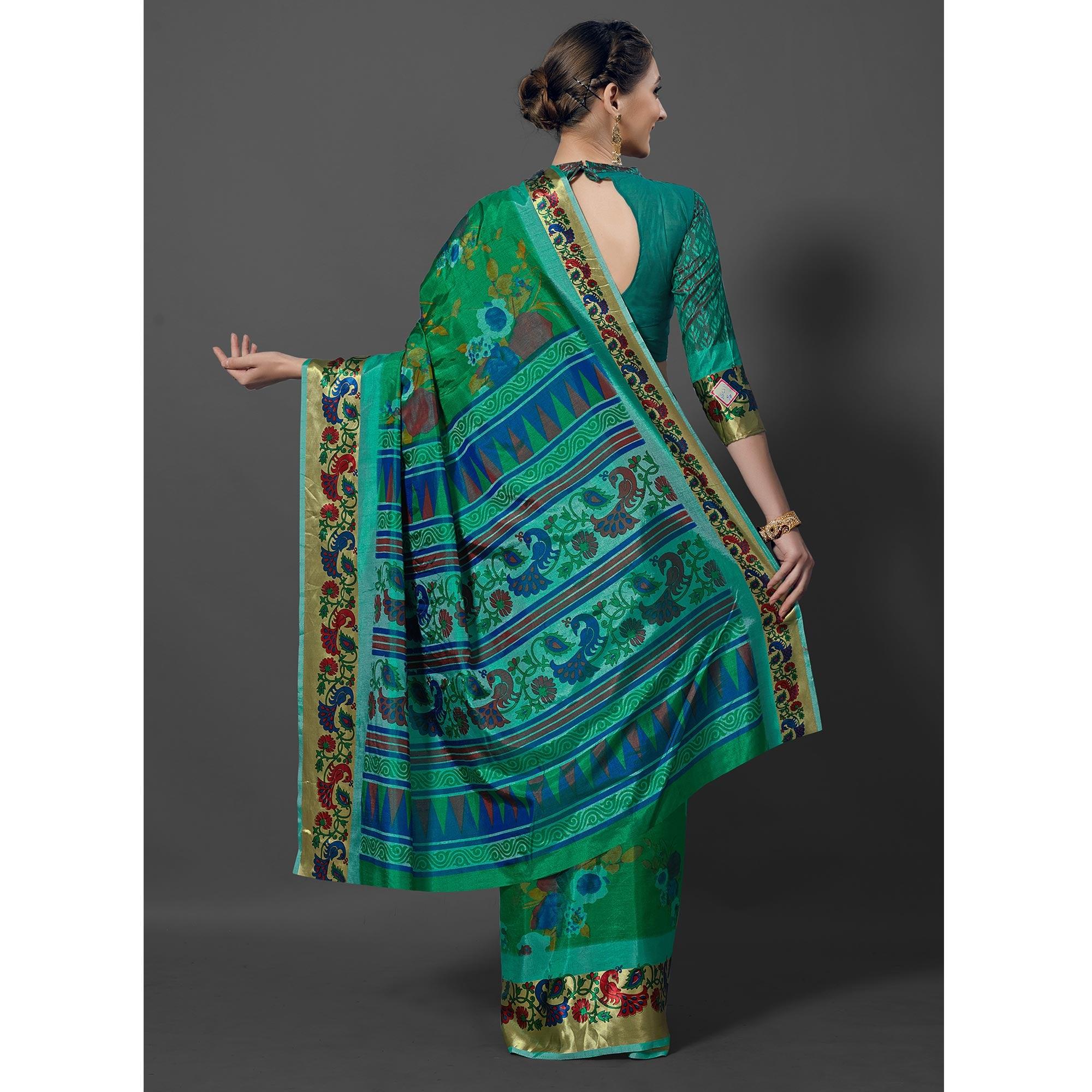 Green Festive Wear Printed Dhakai Silk Saree - Peachmode