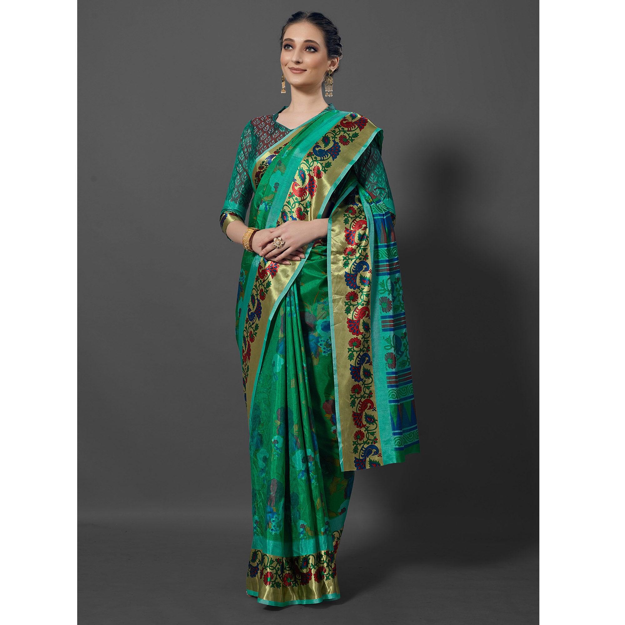 Green Festive Wear Printed Dhakai Silk Saree - Peachmode