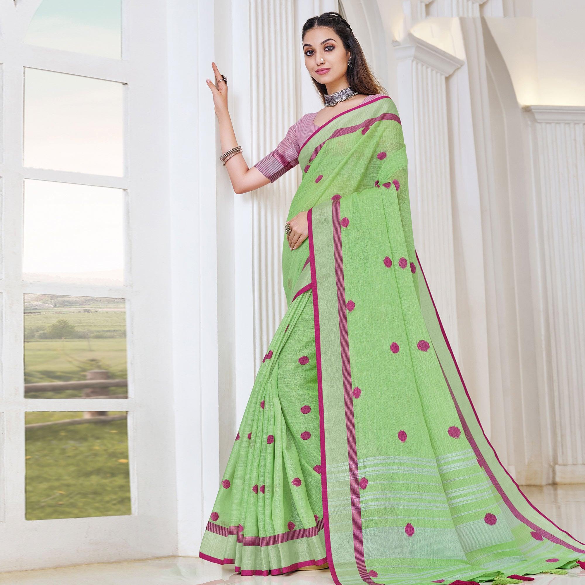 Green Festive Wear Printed Linen Saree - Peachmode
