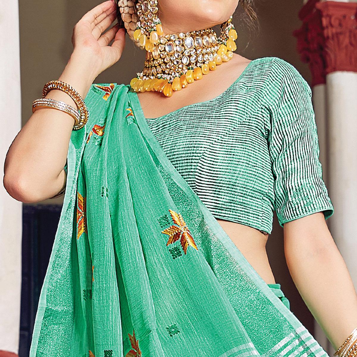 Green Festive Wear Printed Linen Saree - Peachmode