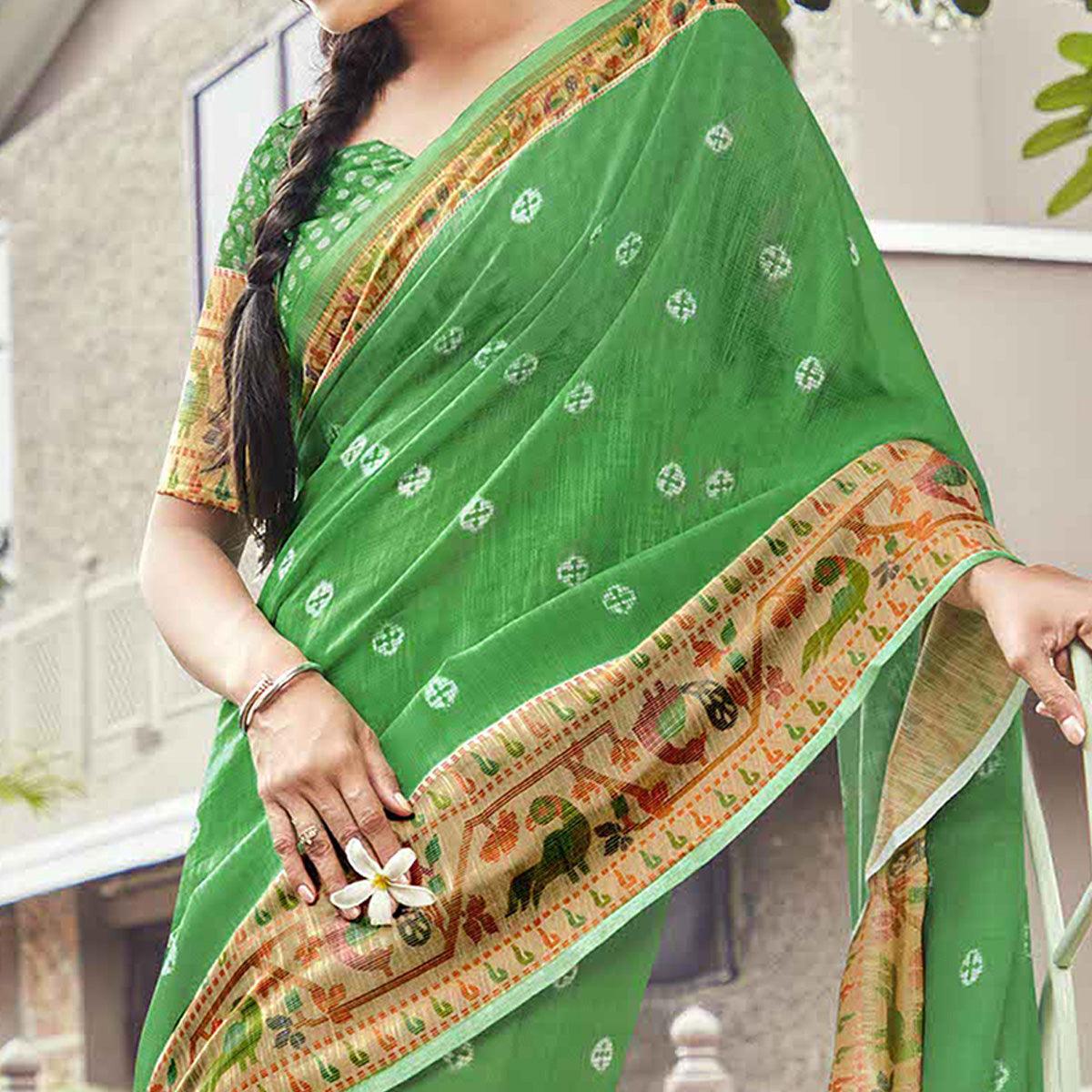 Green Festive Wear Printed Linen Saree With Border - Peachmode