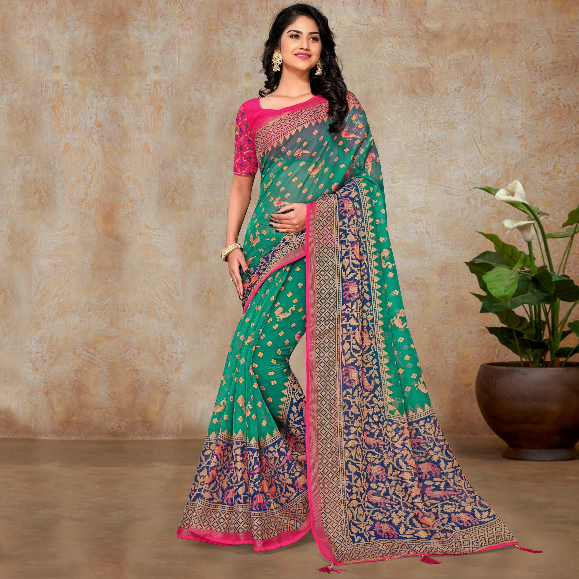 Green Festive Wear Printed Organza Brasso Saree - Peachmode