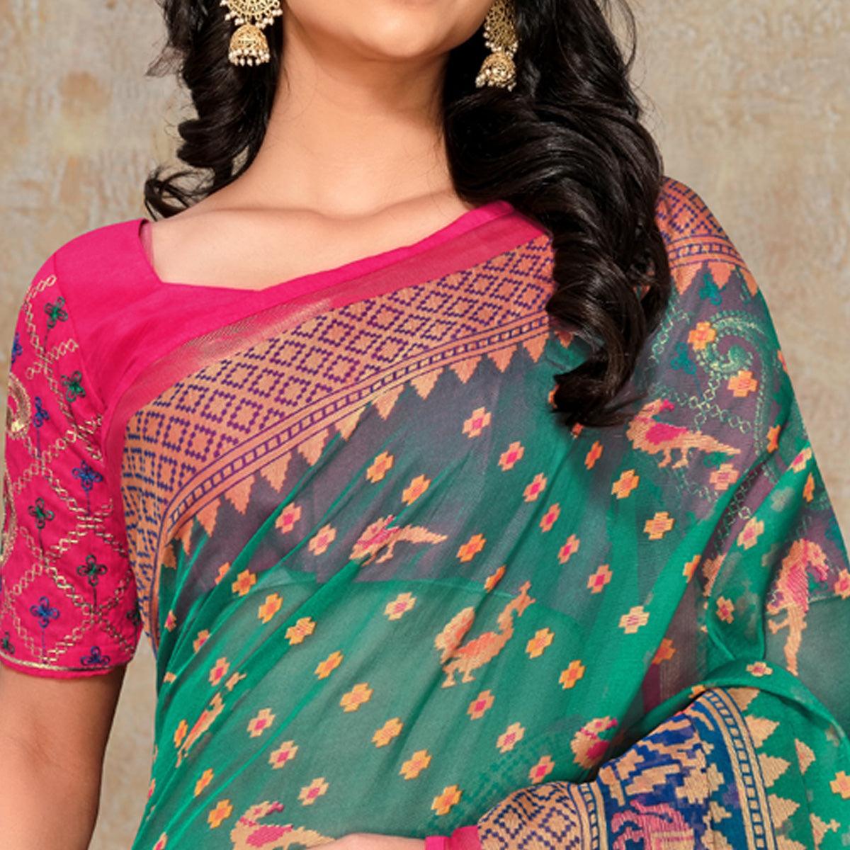 Green Festive Wear Printed Organza Brasso Saree - Peachmode