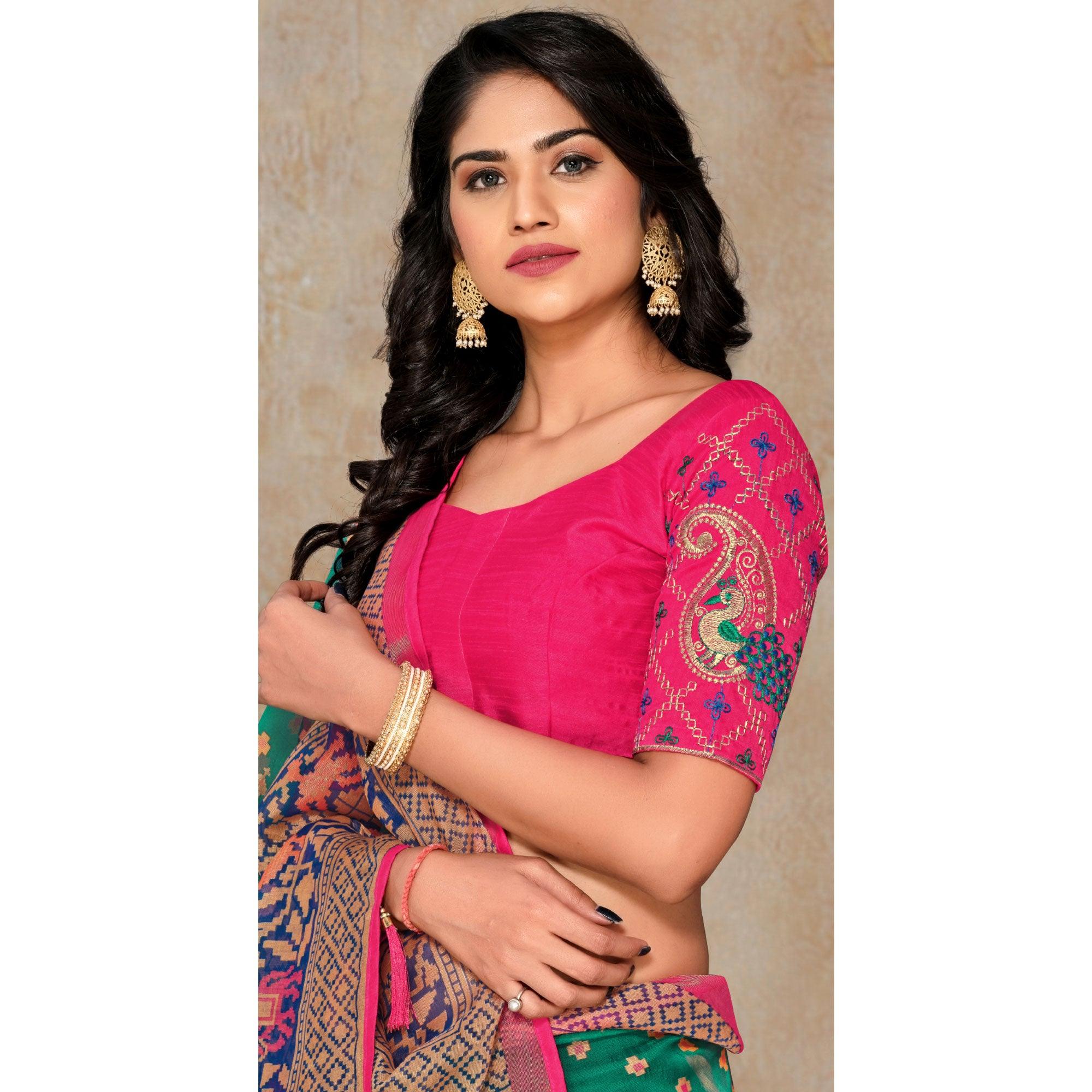 Green Festive Wear Printed Organza Brasso Saree - Peachmode