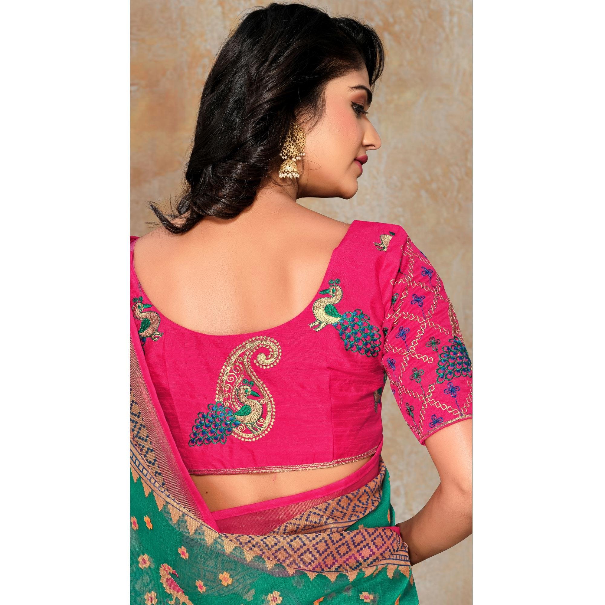 Green Festive Wear Printed Organza Brasso Saree - Peachmode