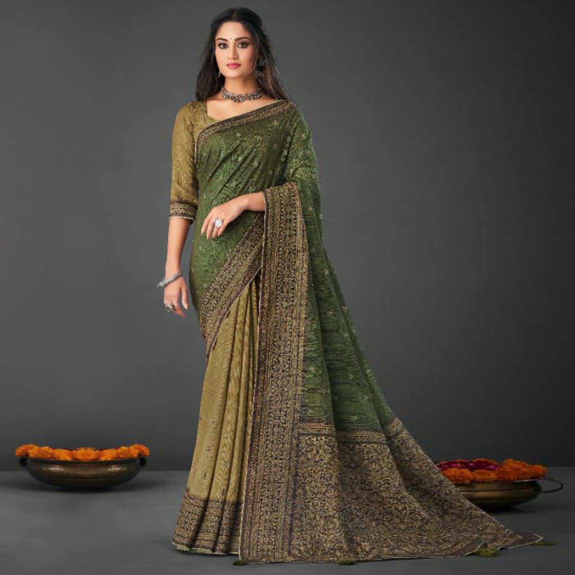Green Festive Wear Printed Silk Half and Half Saree - Peachmode