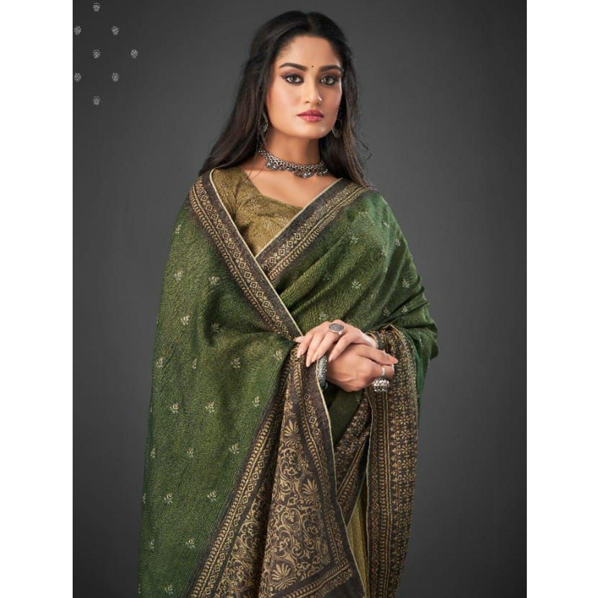 Green Festive Wear Printed Silk Half and Half Saree - Peachmode