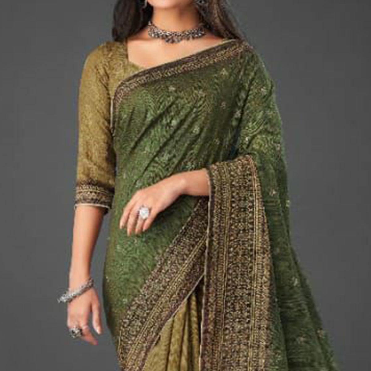 Green Festive Wear Printed Silk Half and Half Saree - Peachmode