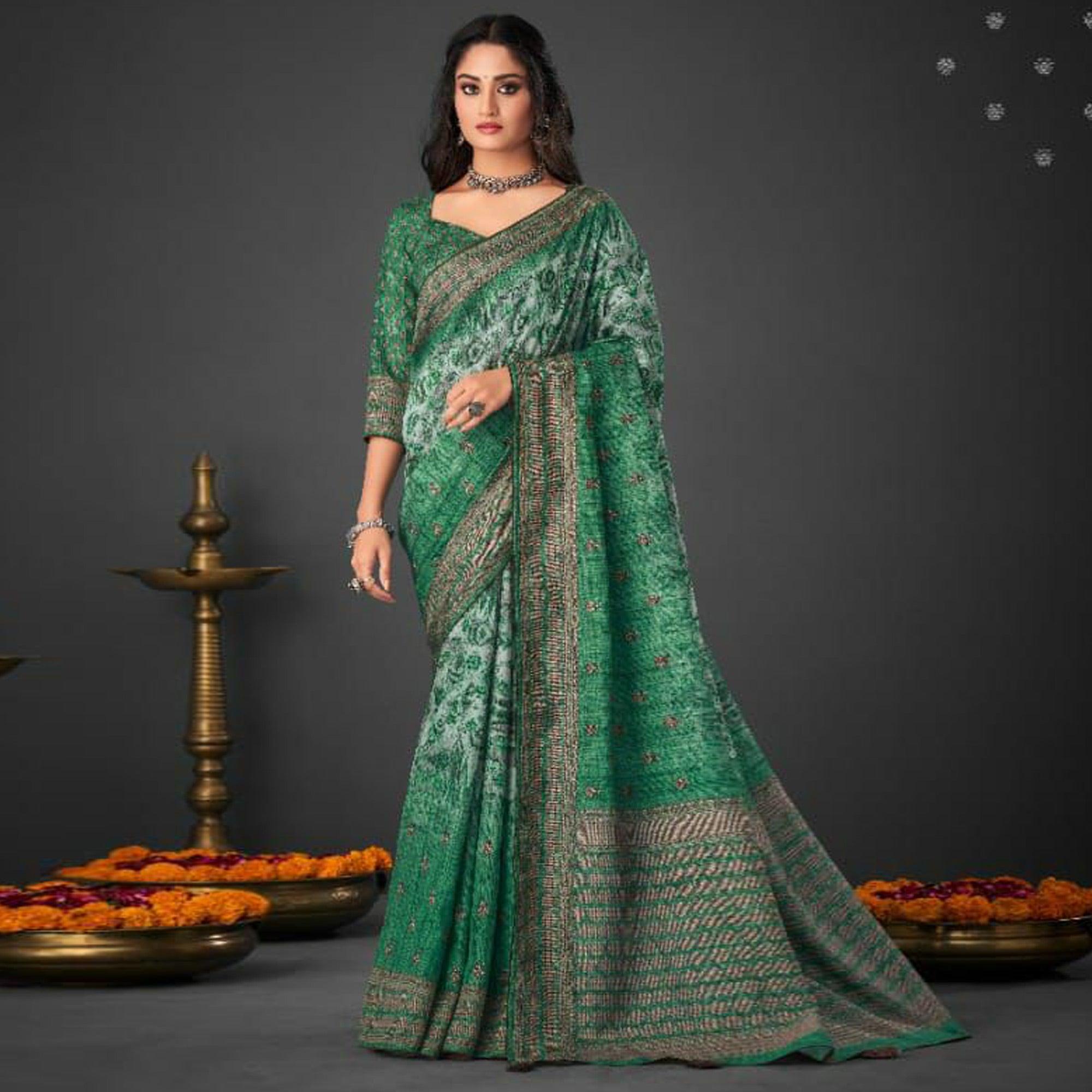 Green Festive Wear Printed Silk Saree - Peachmode
