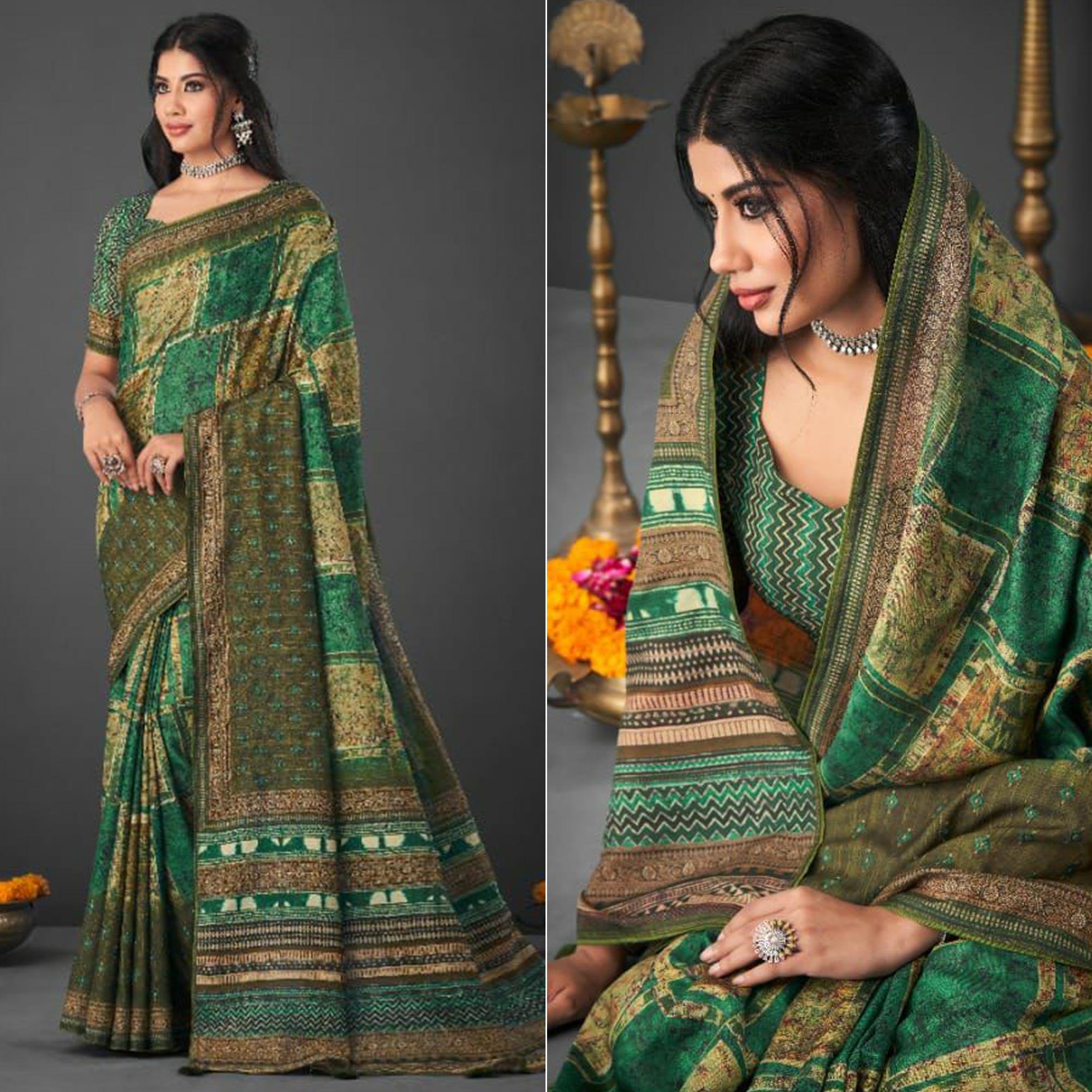 Green Festive Wear Printed Silk Saree - Peachmode