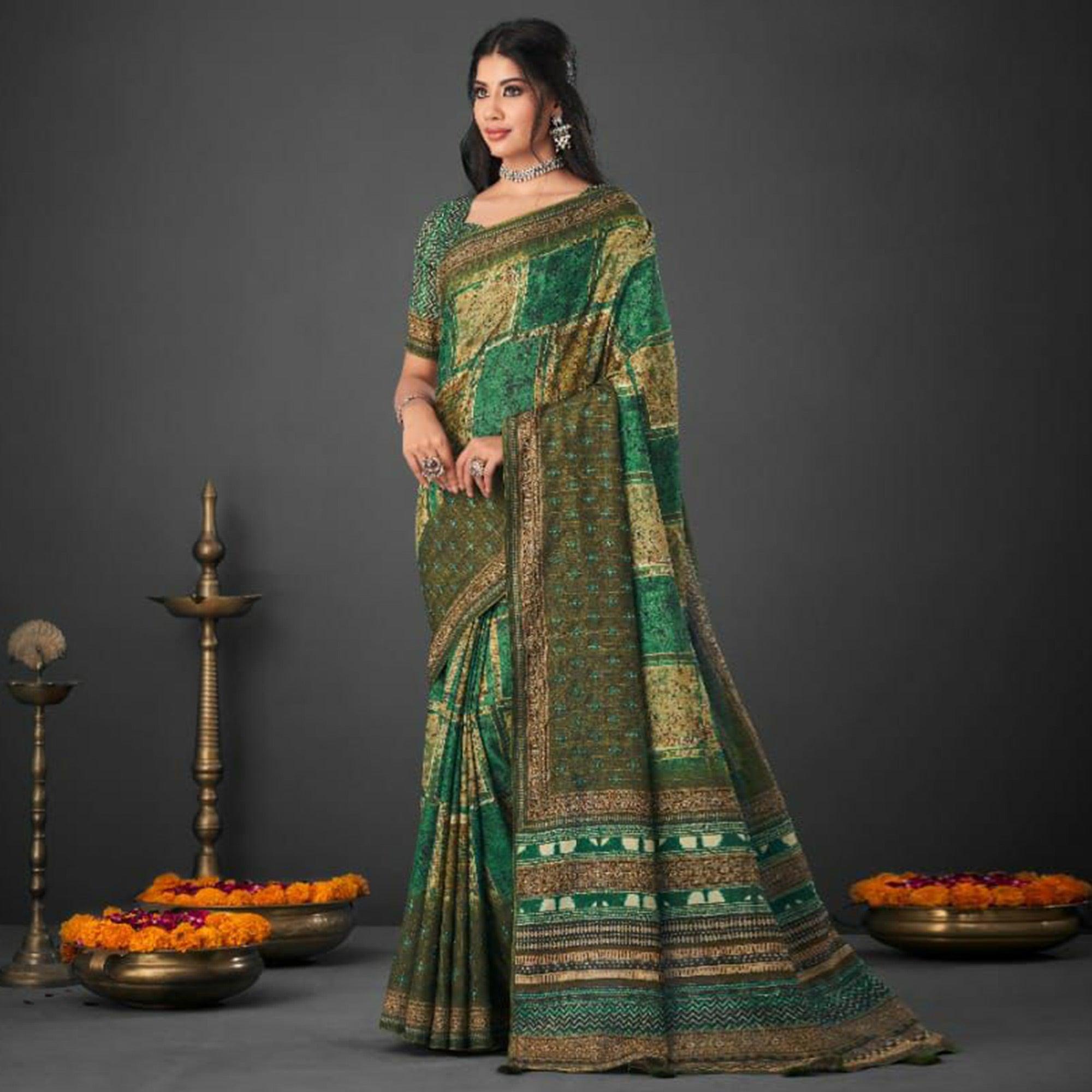 Green Festive Wear Printed Silk Saree - Peachmode