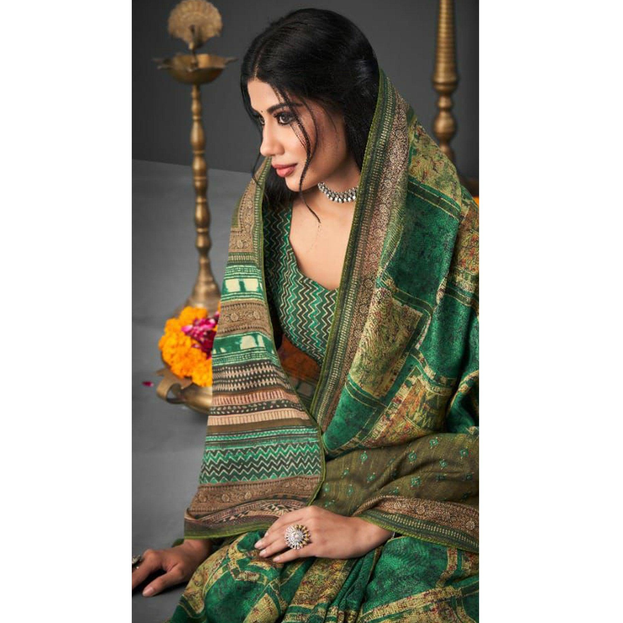 Green Festive Wear Printed Silk Saree - Peachmode