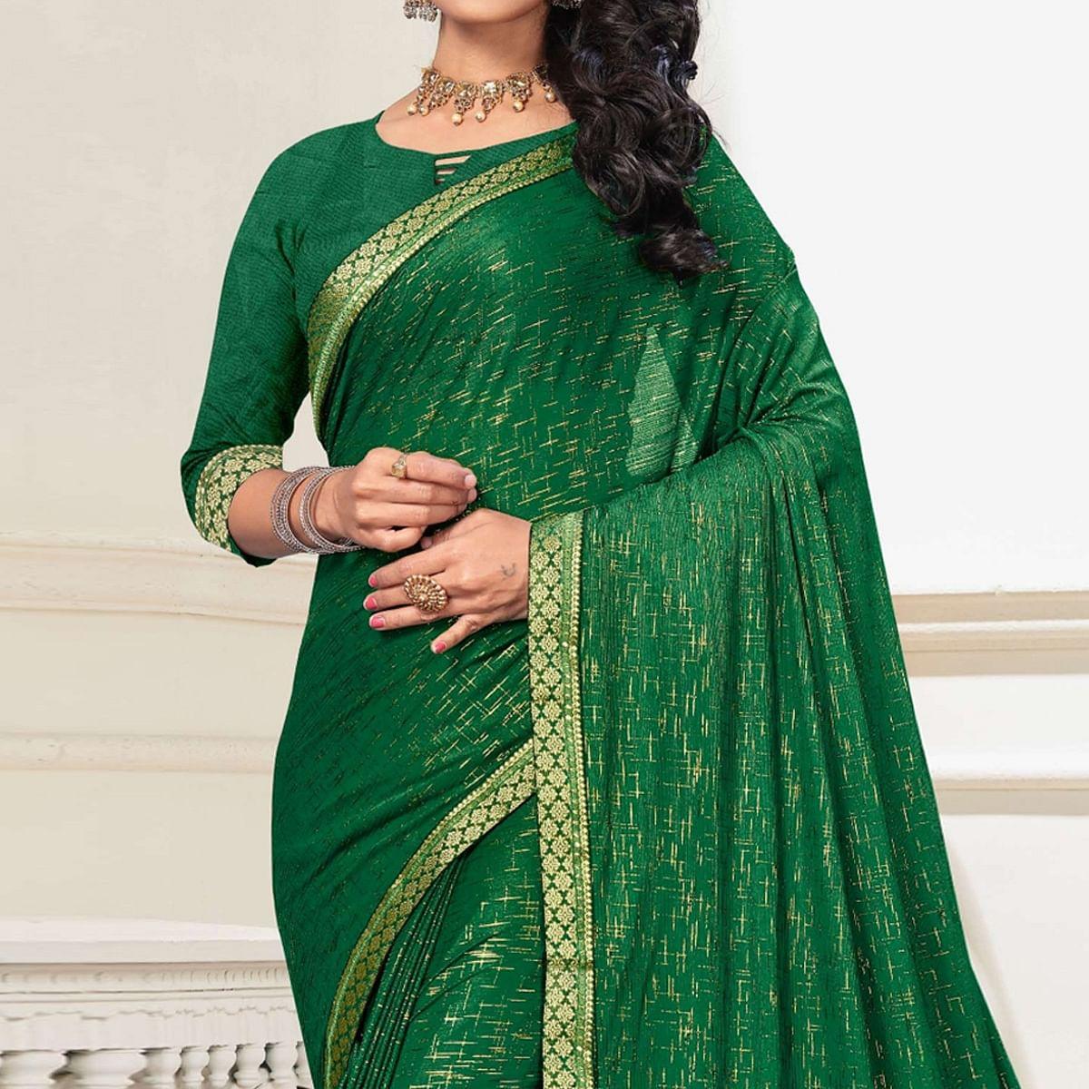 Green Festive Wear Printed With Banarasi Lace Art Silk Saree - Peachmode
