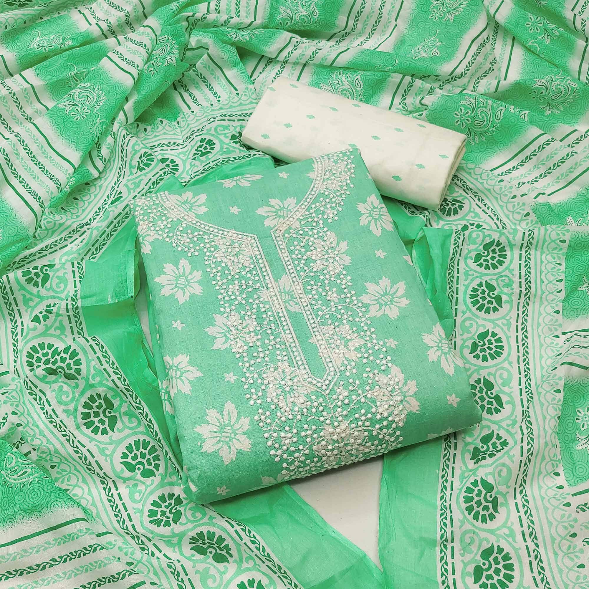 Green Festive Wear Printed With Embroidered Cotton Dress Material - Peachmode