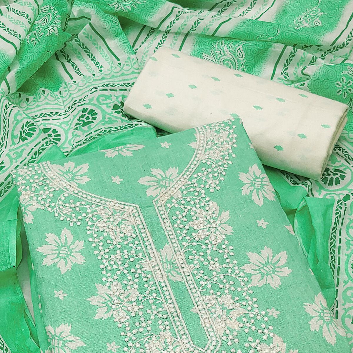Green Festive Wear Printed With Embroidered Cotton Dress Material - Peachmode