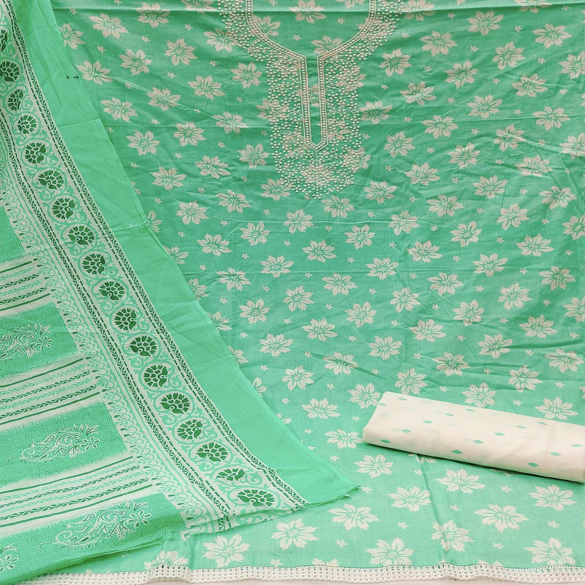 Green Festive Wear Printed With Embroidered Cotton Dress Material - Peachmode