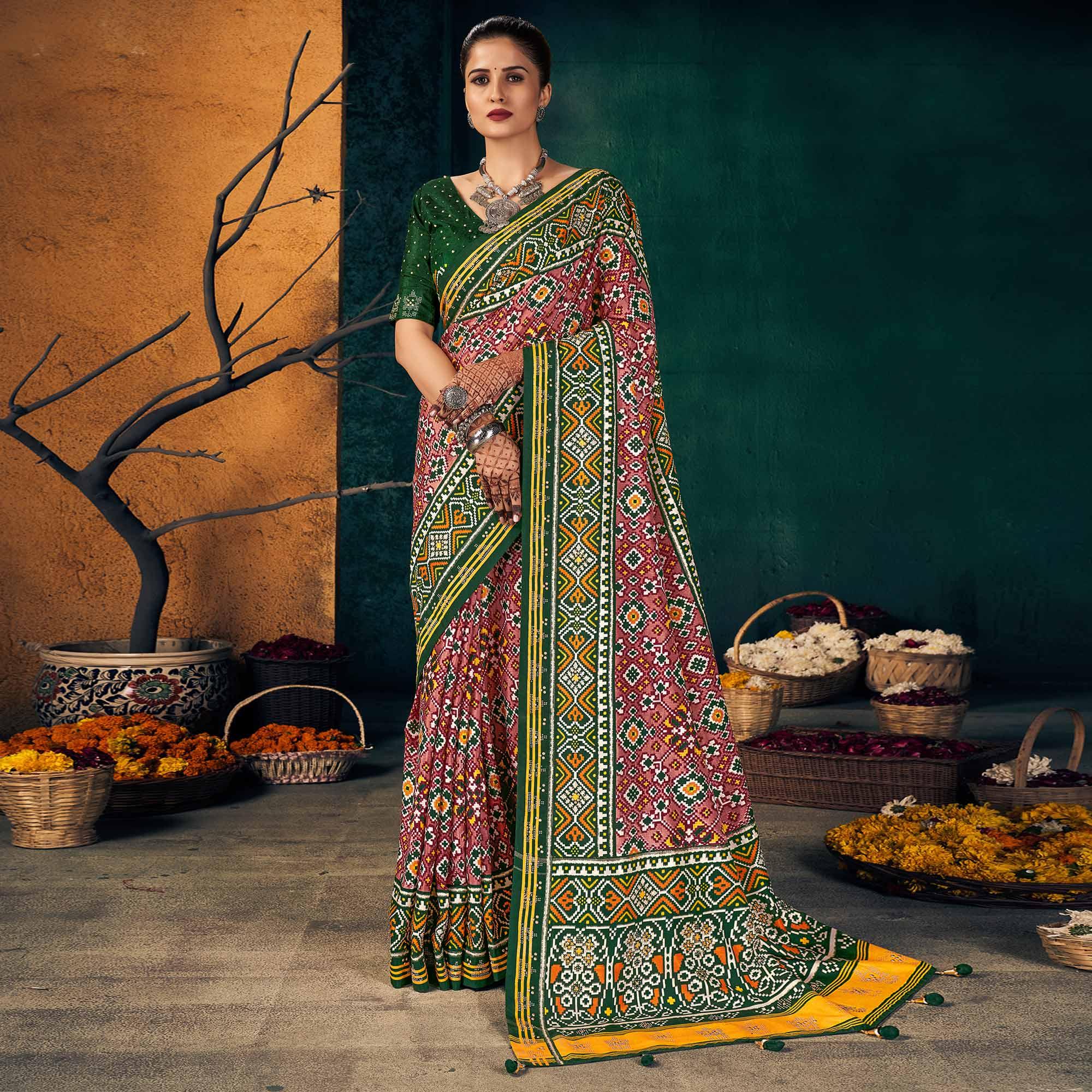 Green Festive Wear Printed With Foil Border Dola Silk Saree - Peachmode