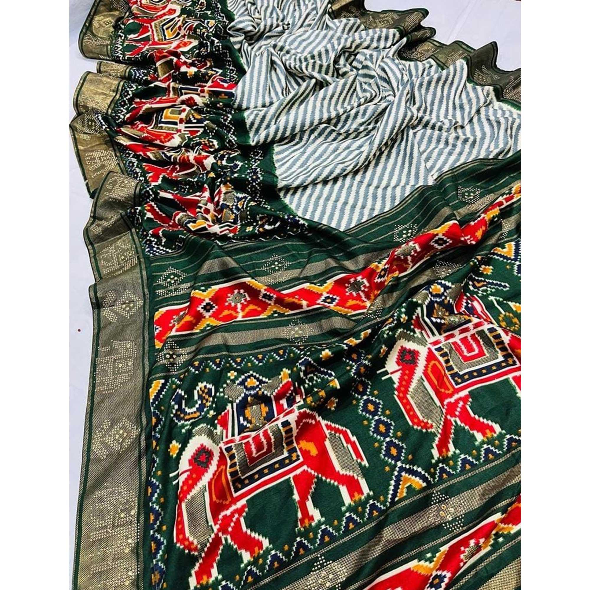 Green Festive Wear Printed With Foil Border Dola Silk Saree - Peachmode