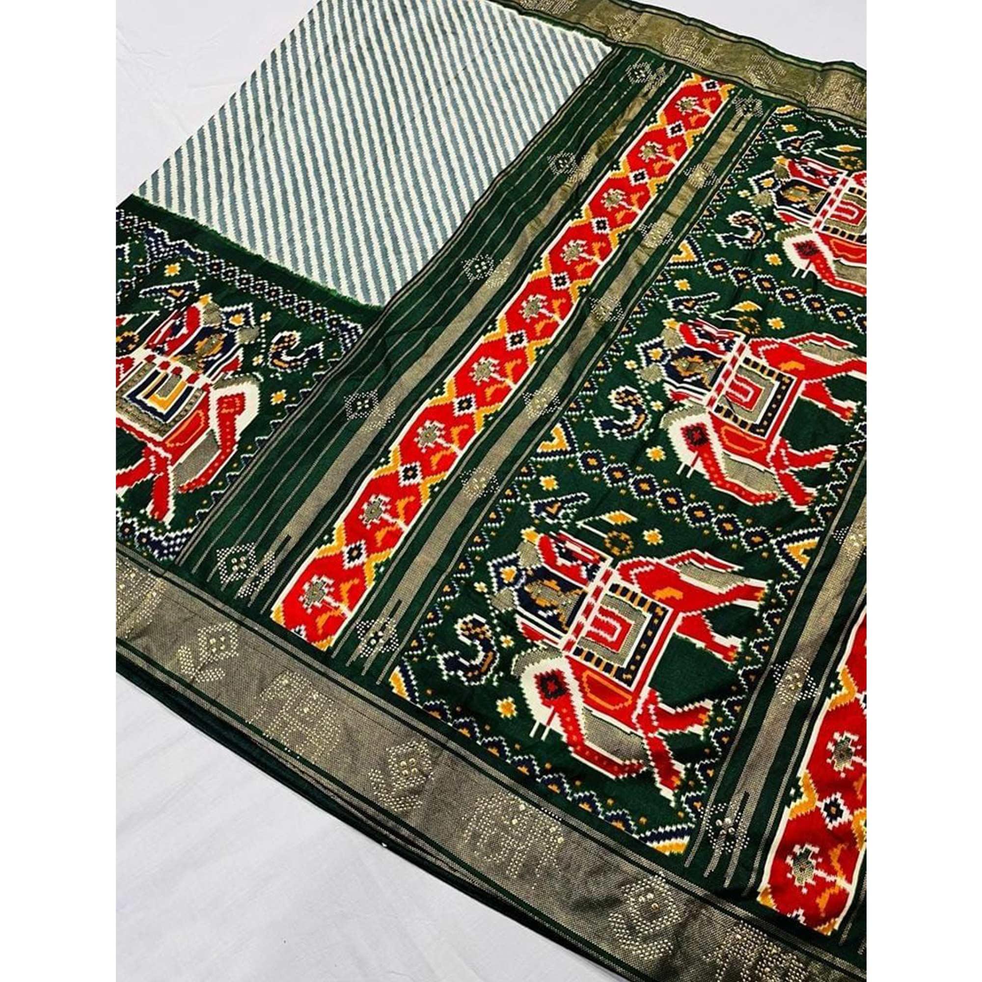 Green Festive Wear Printed With Foil Border Dola Silk Saree - Peachmode