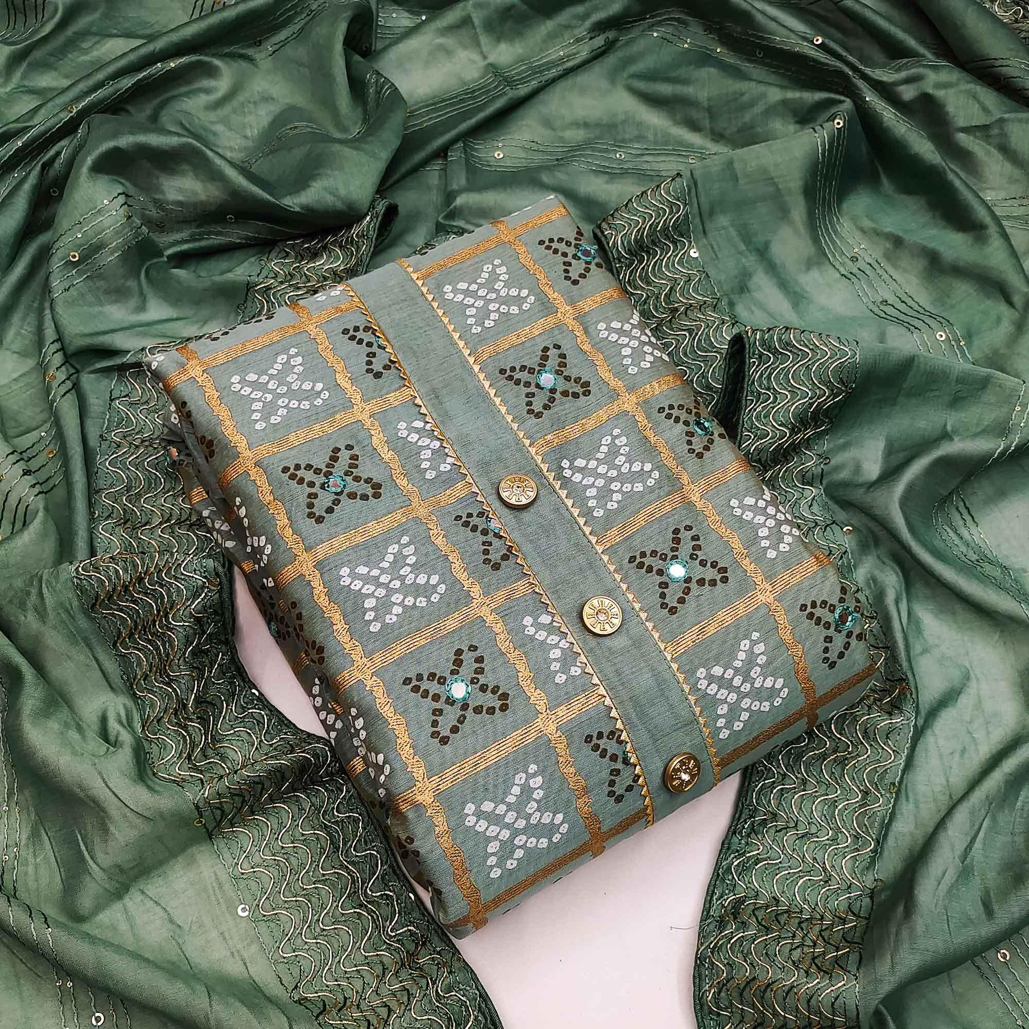 Green Festive Wear Printed With Handwork Modal Dress Material - Peachmode