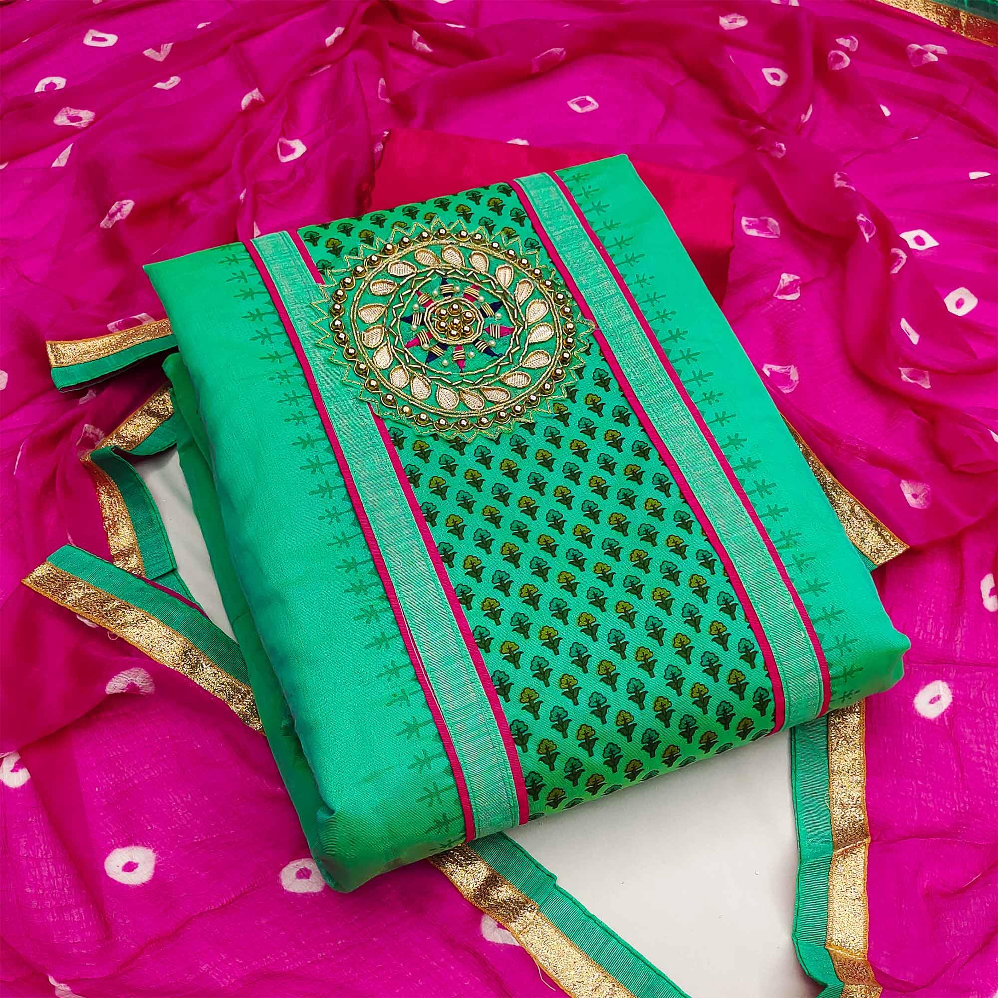 Green Festive Wear Printed With Handwork Modal Dress Material - Peachmode