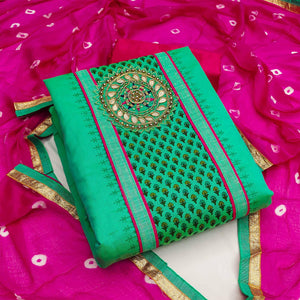 Green Festive Wear Printed With Handwork Modal Dress Material - Peachmode