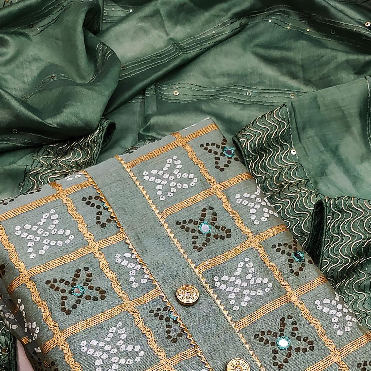Green Festive Wear Printed With Handwork Modal Dress Material - Peachmode
