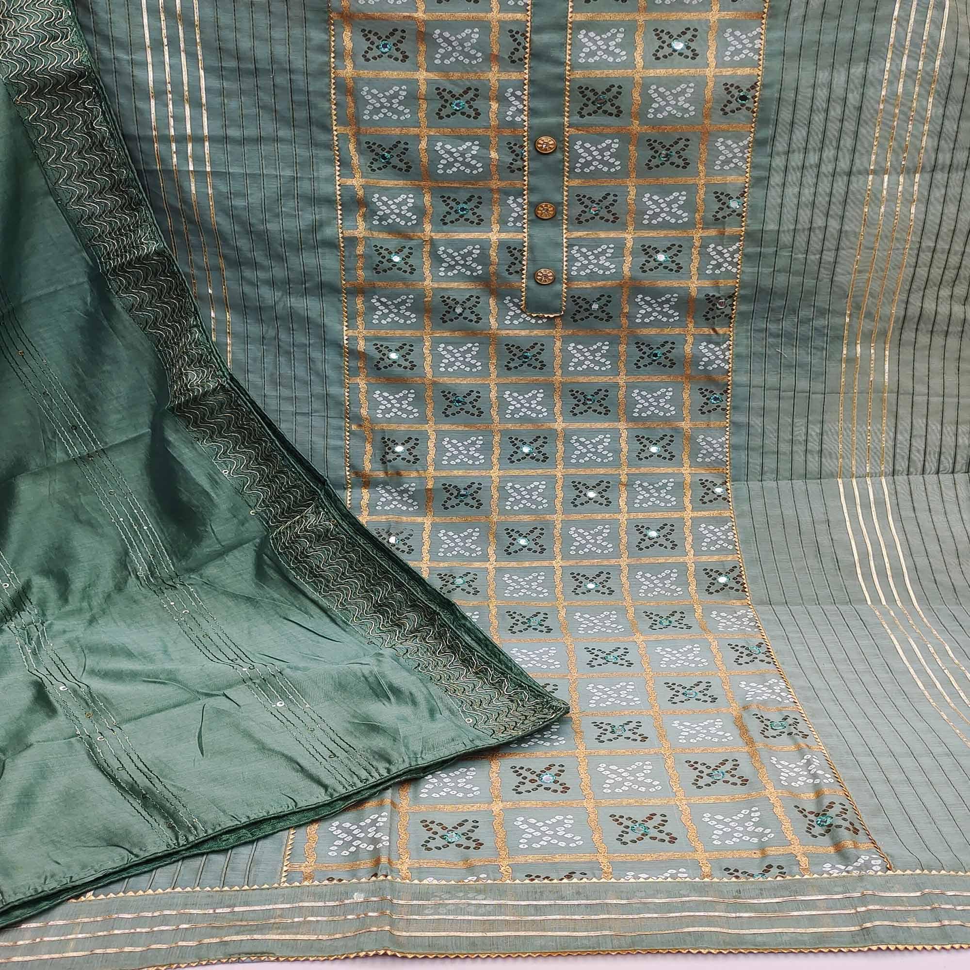 Green Festive Wear Printed With Handwork Modal Dress Material - Peachmode