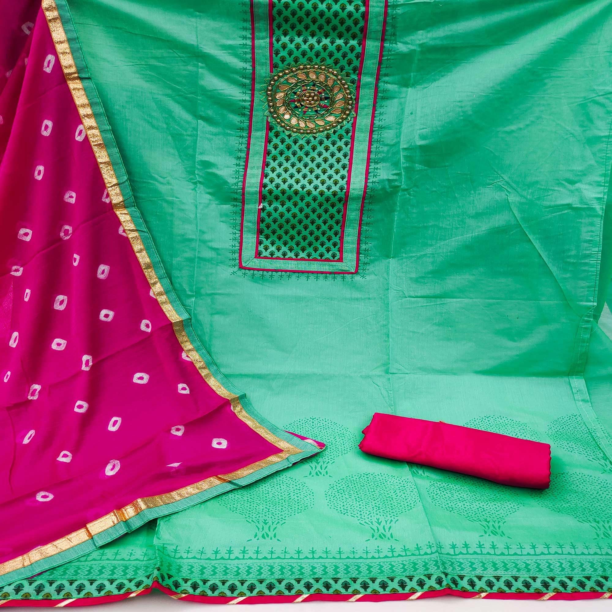 Green Festive Wear Printed With Handwork Modal Dress Material - Peachmode