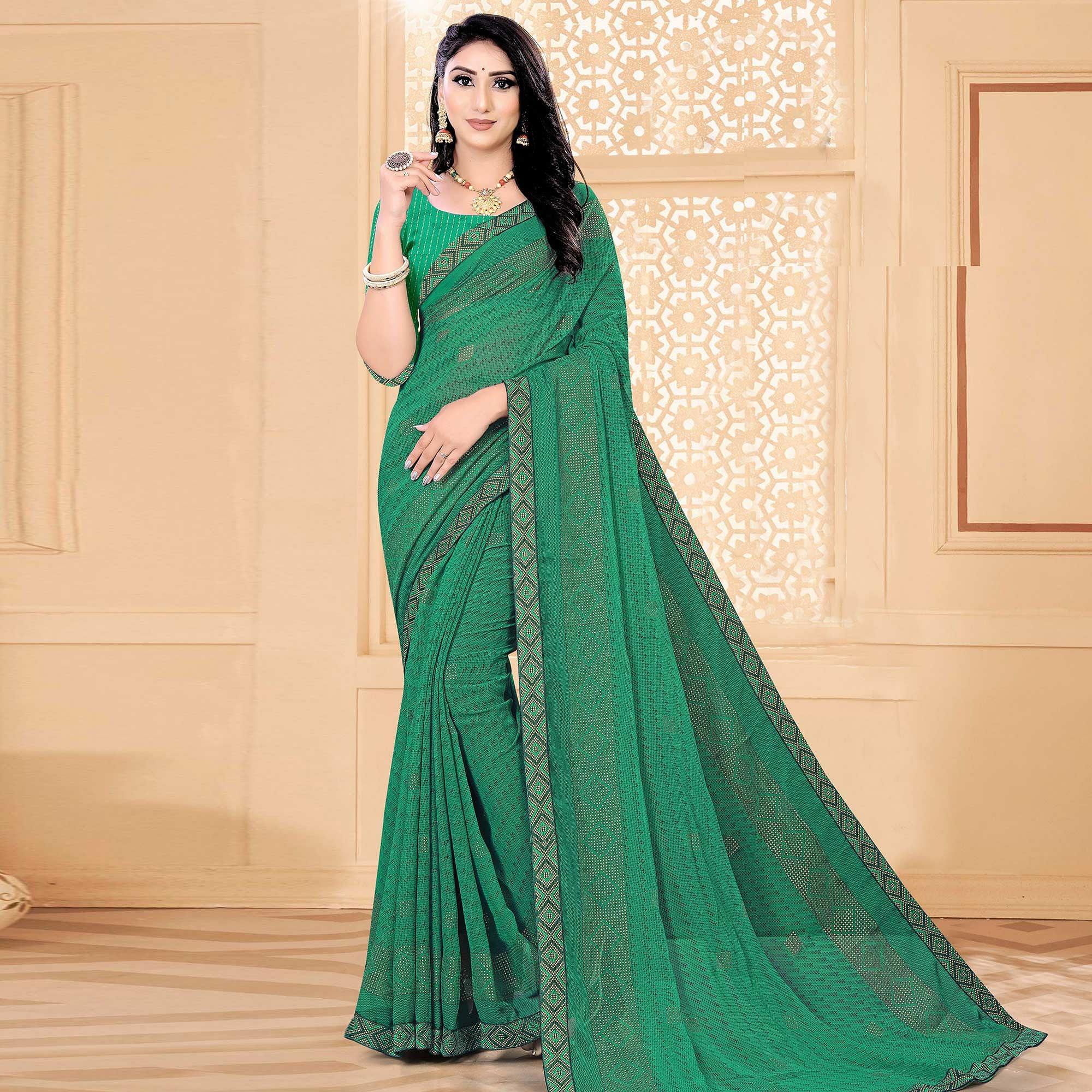 Green Festive Wear Printed With Lace Work Chiffon Designer Saree - Peachmode
