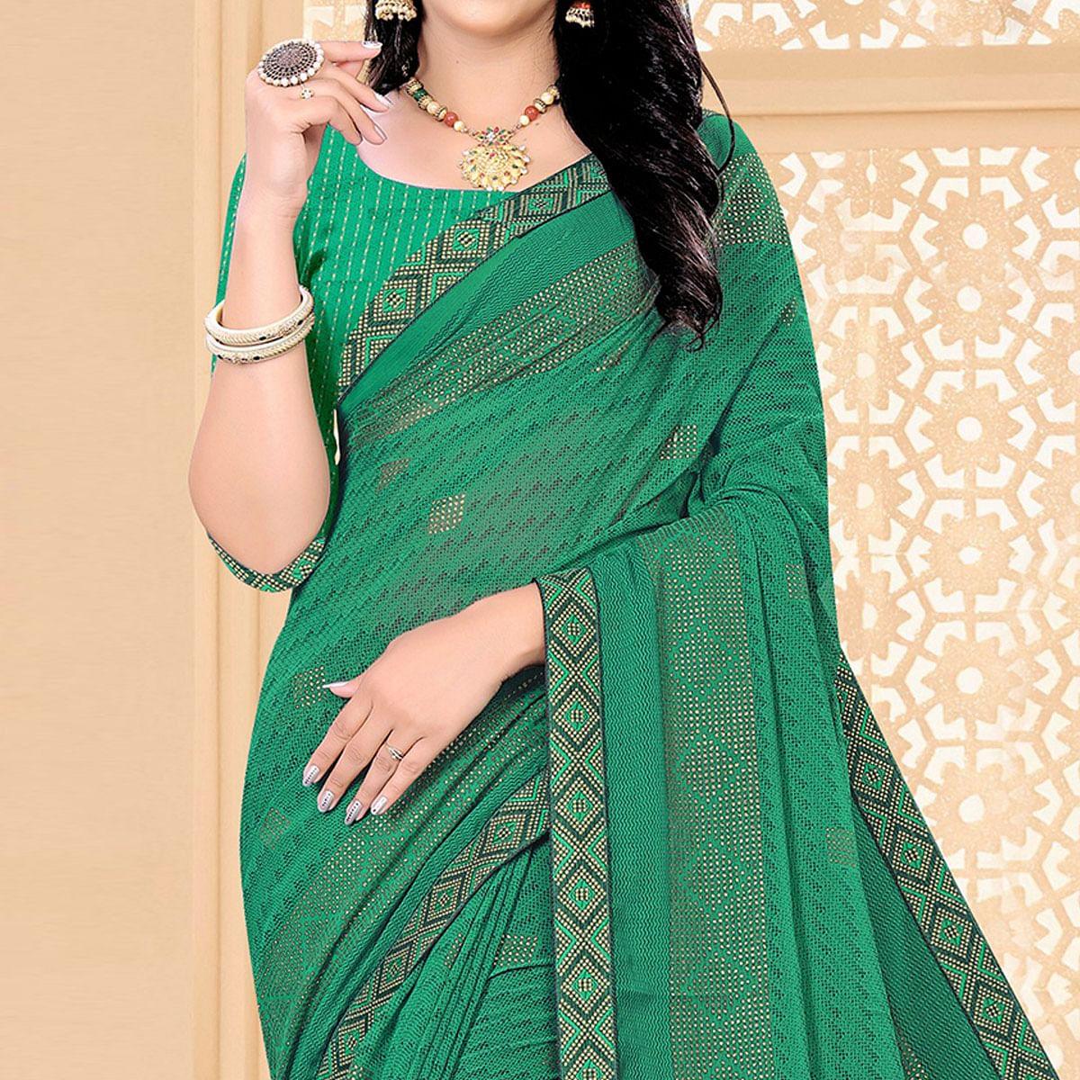 Green Festive Wear Printed With Lace Work Chiffon Designer Saree - Peachmode
