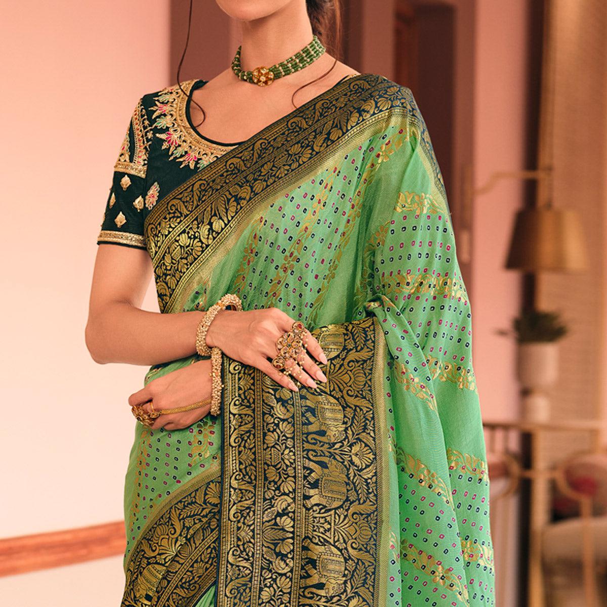 Green Festive Wear Printed Woven Silk Saree - Peachmode