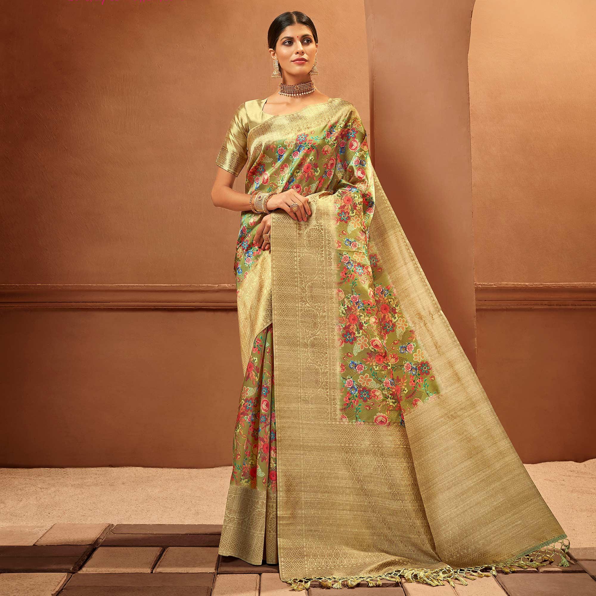 Green Festive Wear Pure Digital Prints Jacquard Silk Saree - Peachmode