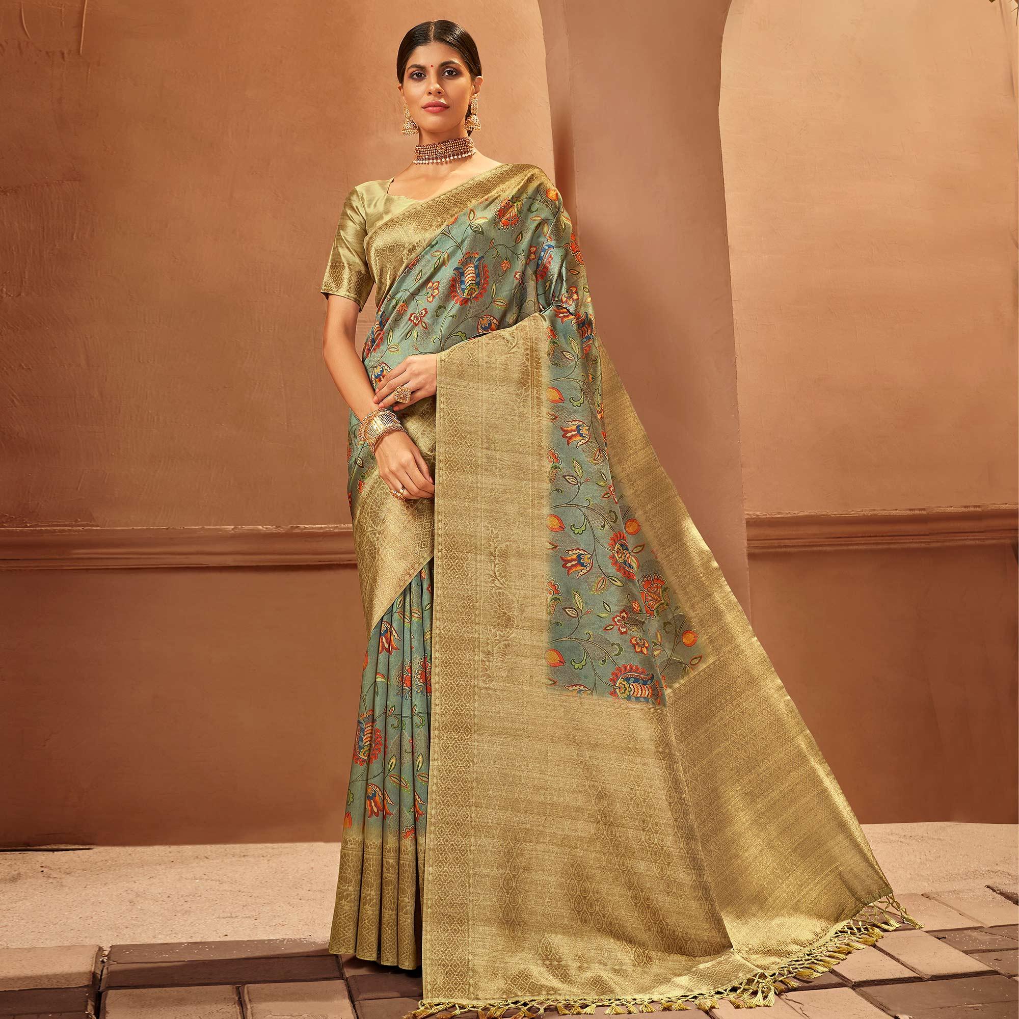 Green Festive Wear Pure Digital Prints Jacquard Silk Saree - Peachmode